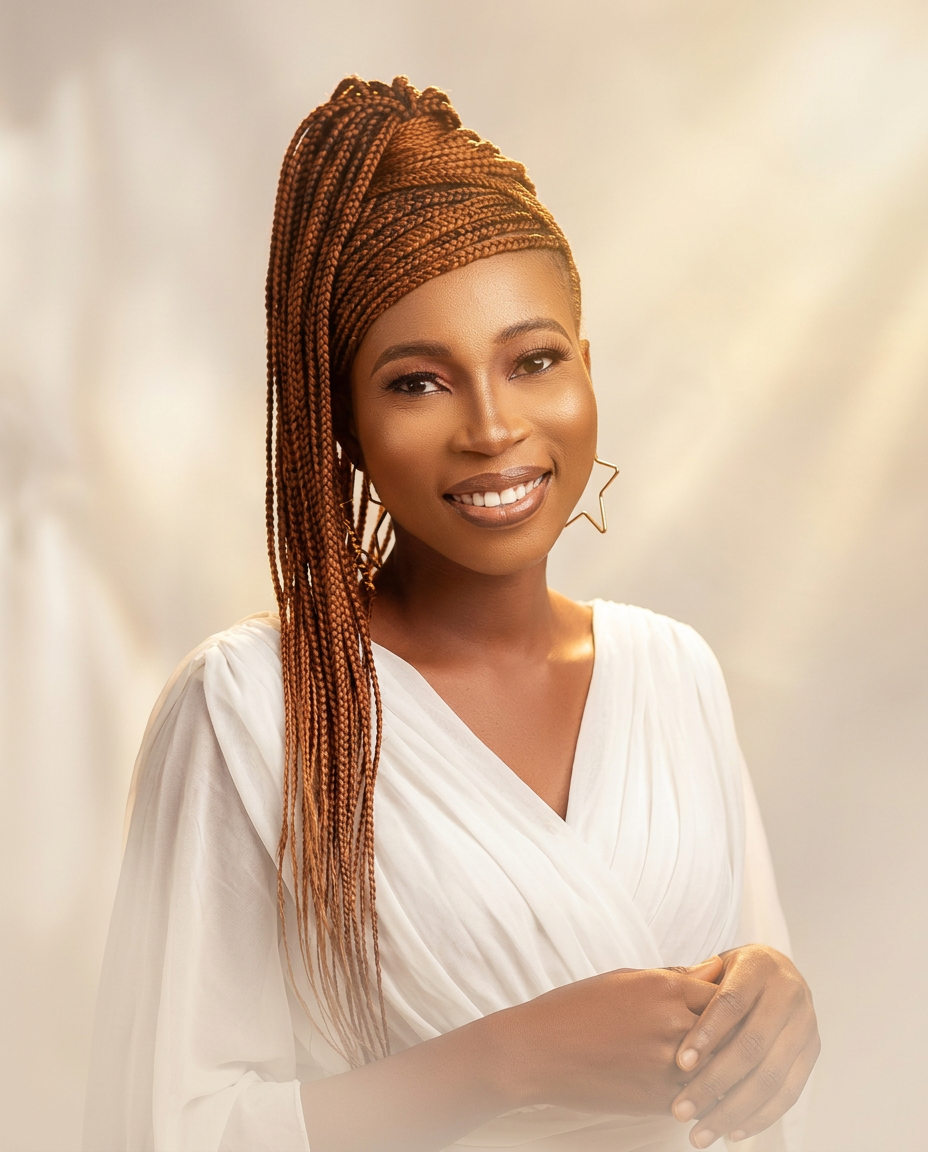 Dharmie in white, bathed in golden light