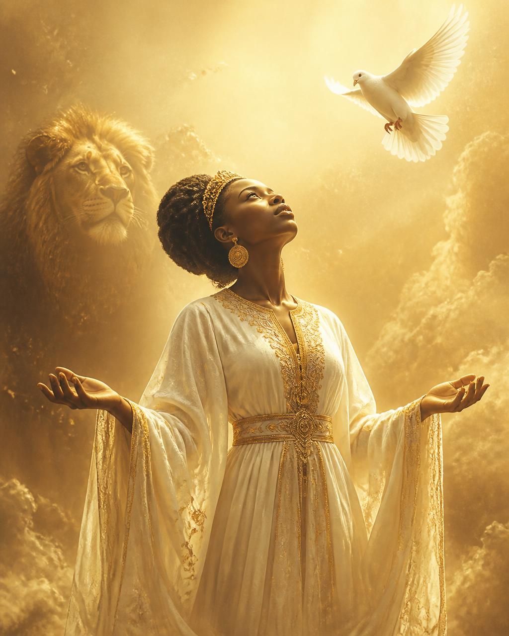Dharmie in worship, bathed in golden light